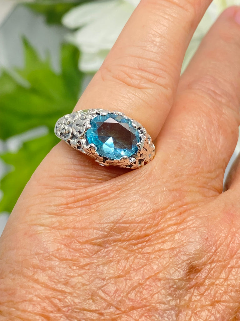 Aquamarine Ring, Oval Ivy sterling silver filigree, Art Nouveau style, D57, Silver Embrace Jewelry