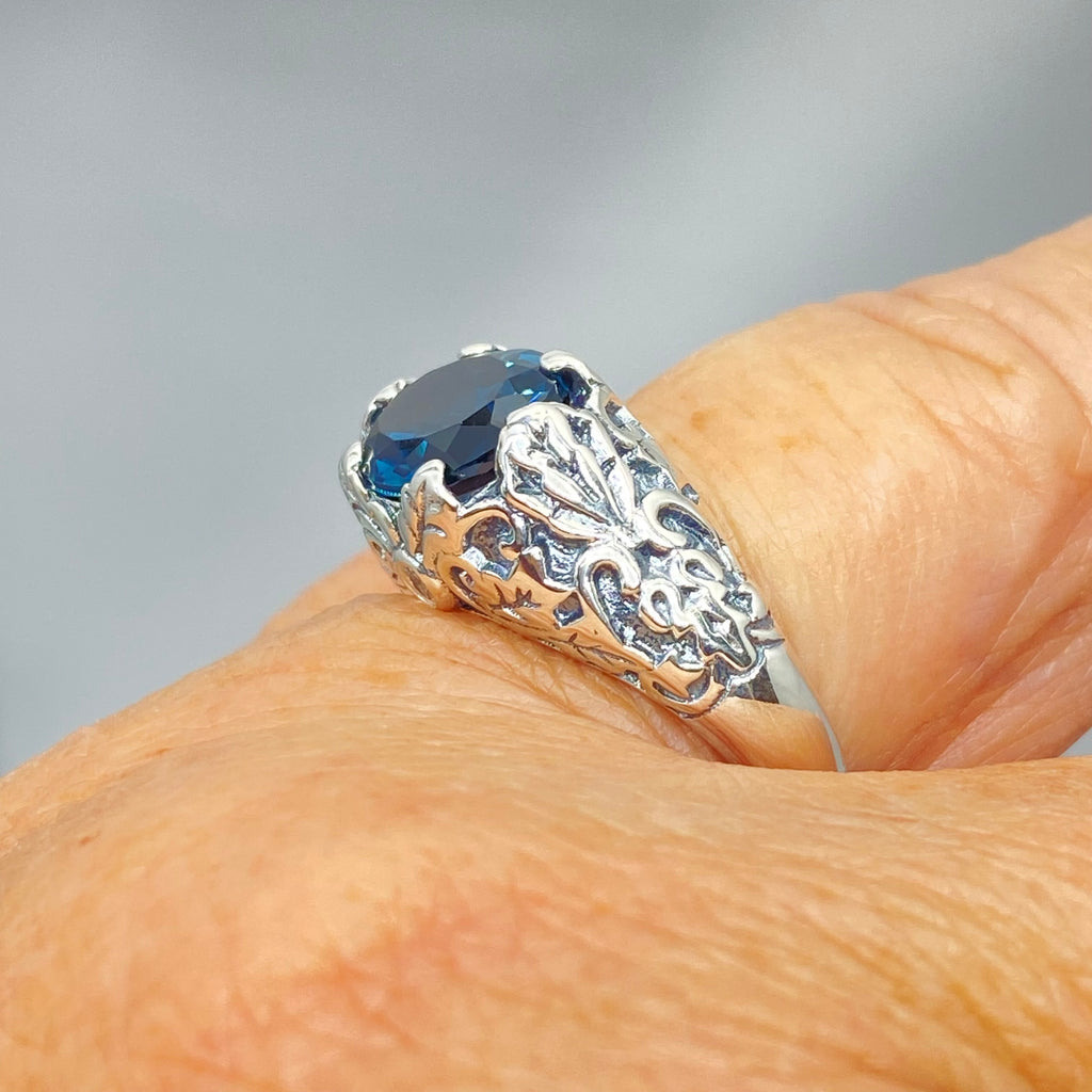 Natural Topaz Ring, London Blue Topaz Oval Ivy sterling silver filigree, Art Nouveau style, D57, Silver Embrace Jewelry