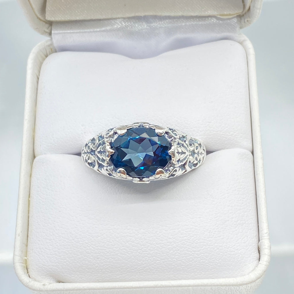 Natural Topaz Ring, London Blue Topaz Oval Ivy sterling silver filigree, Art Nouveau style, D57, Silver Embrace Jewelry