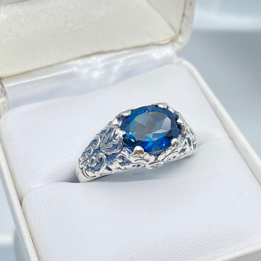 Natural Topaz Ring, London Blue Topaz Oval Ivy sterling silver filigree, Art Nouveau style, D57, Silver Embrace Jewelry