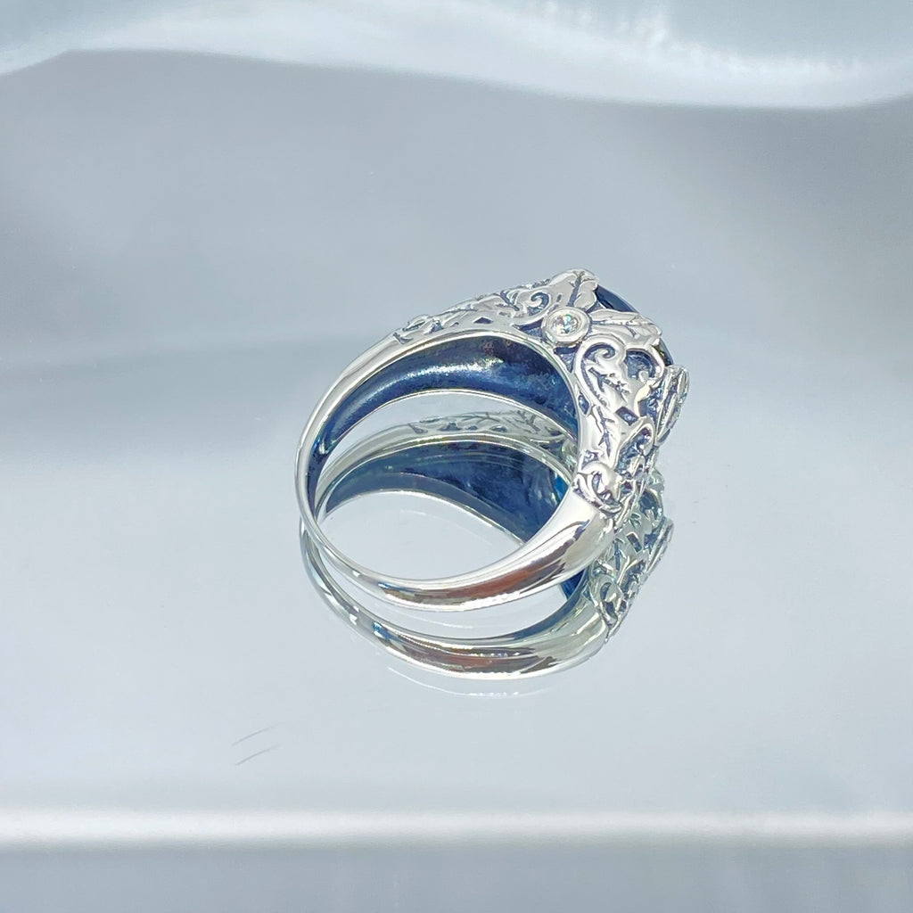 Natural Topaz Ring, London Blue Topaz Oval Ivy sterling silver filigree, Art Nouveau style, D57, Silver Embrace Jewelry