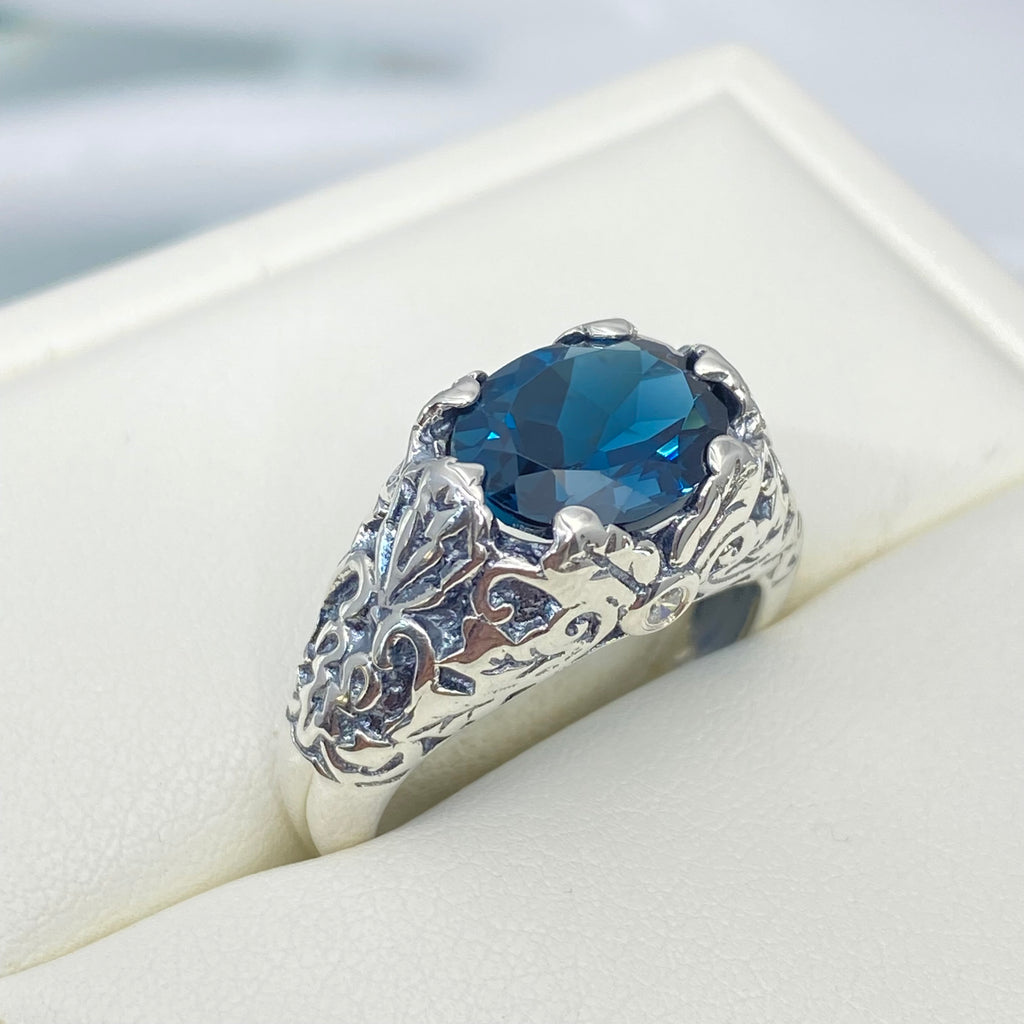 Natural Topaz Ring, London Blue Topaz Oval Ivy sterling silver filigree, Art Nouveau style, D57, Silver Embrace Jewelry