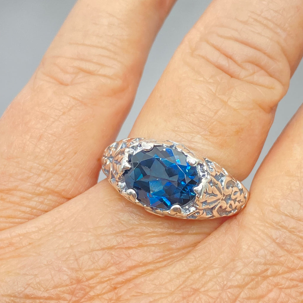 Natural Topaz Ring, London Blue Topaz Oval Ivy sterling silver filigree, Art Nouveau style, D57, Silver Embrace Jewelry