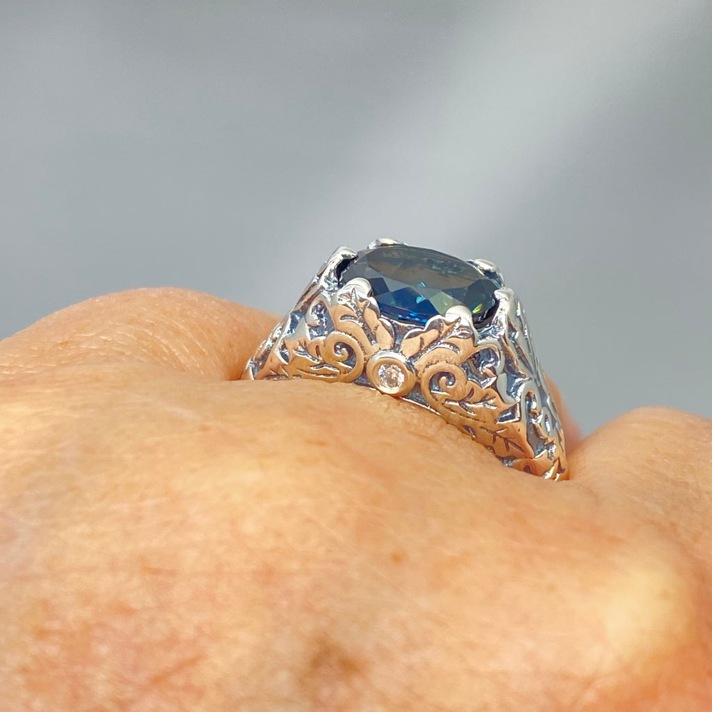 Natural Topaz Ring, London Blue Topaz Oval Ivy sterling silver filigree, Art Nouveau style, D57, Silver Embrace Jewelry