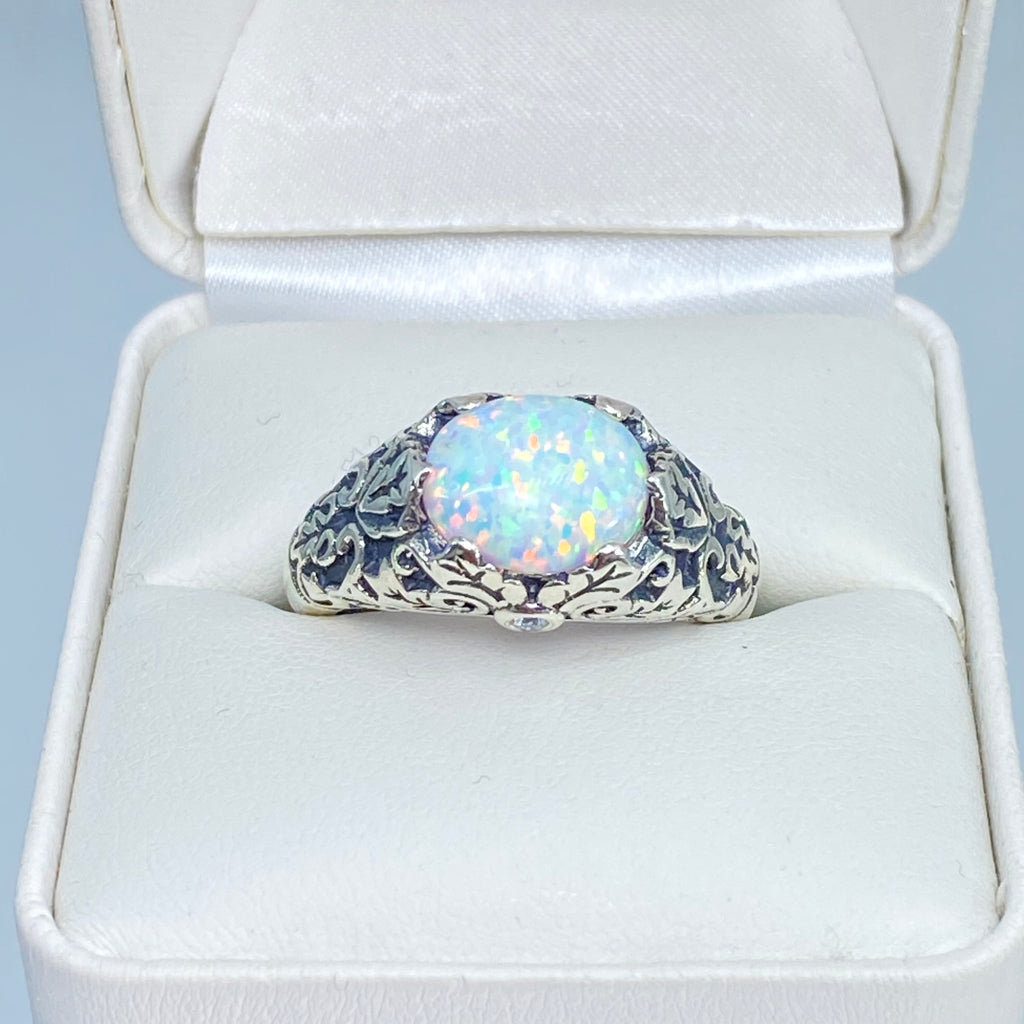 Opal Ring, Oval gem with Sterling silver Ivy filigree, D57, Silver Embrace Jewelry