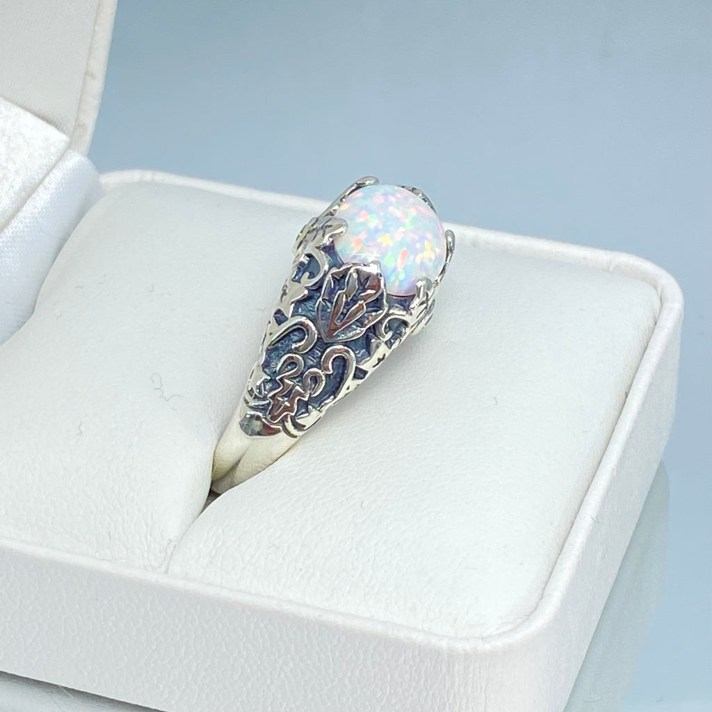 Opal Ring, Oval gem with Sterling silver Ivy filigree, D57, Silver Embrace Jewelry