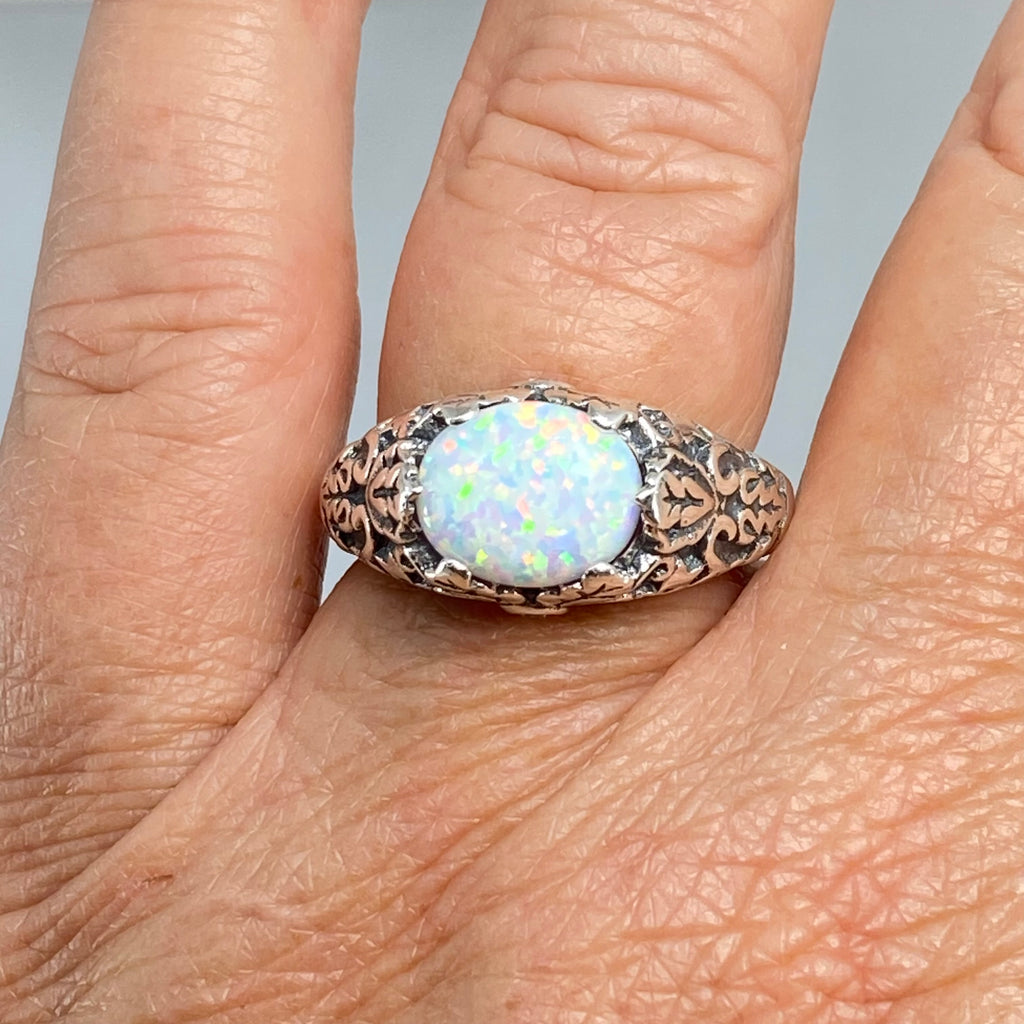 Opal Ring, Oval gem with Sterling silver Ivy filigree, D57, Silver Embrace Jewelry