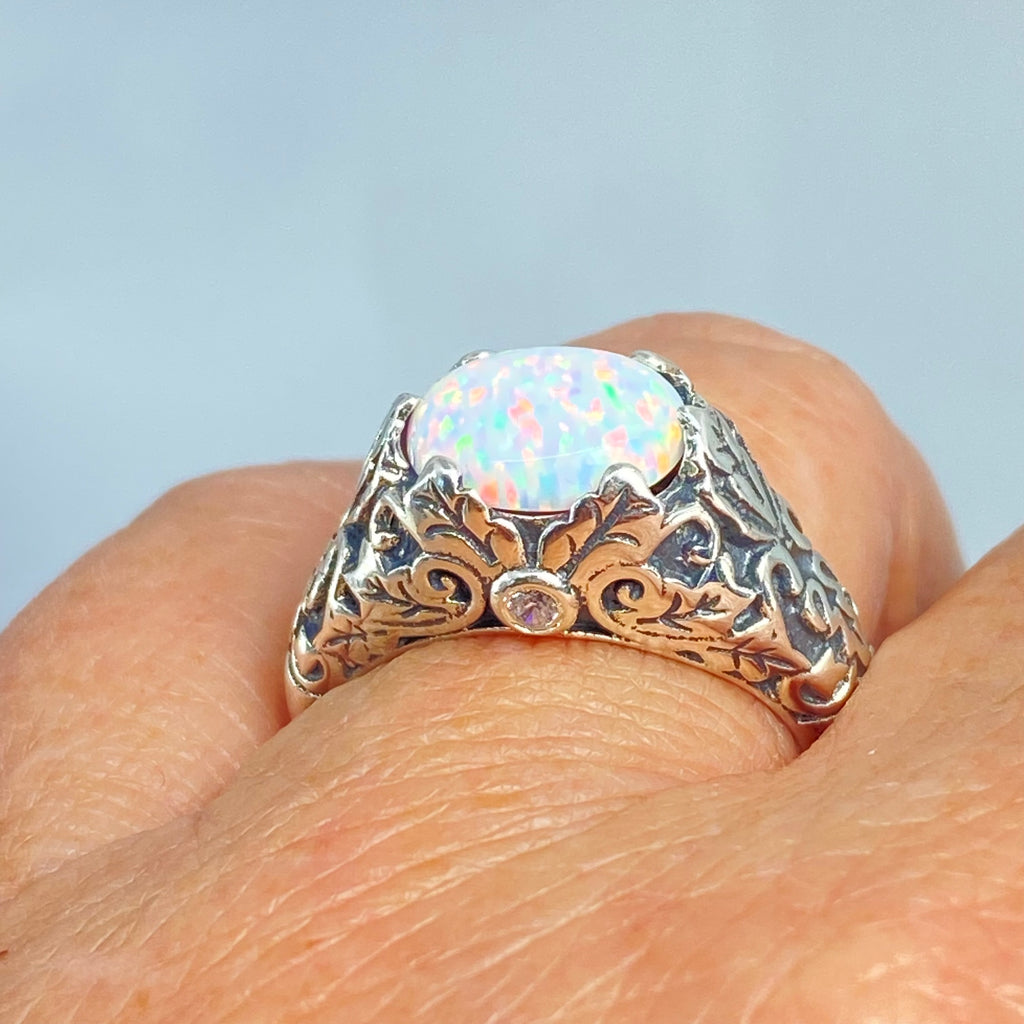 Opal Ring, Oval gem with Sterling silver Ivy filigree, D57, Silver Embrace Jewelry