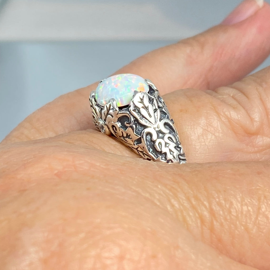 Opal Ring, Oval gem with Sterling silver Ivy filigree, D57, Silver Embrace Jewelry