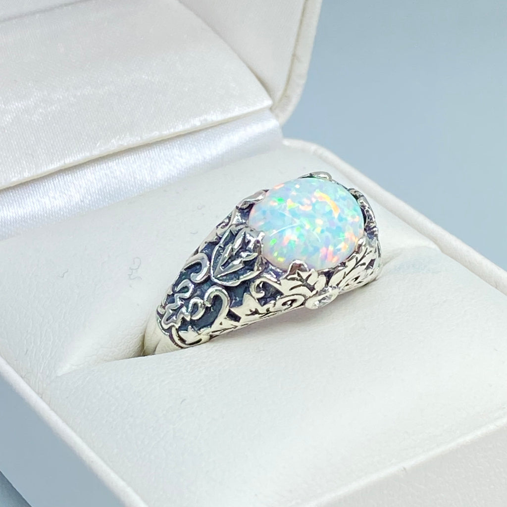 Opal Ring, Oval gem with Sterling silver Ivy filigree, D57, Silver Embrace Jewelry