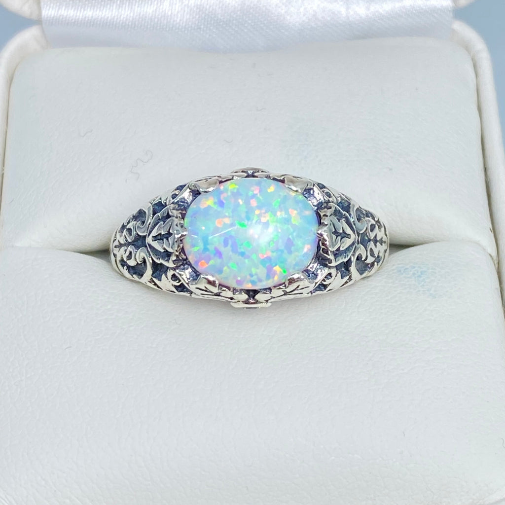 Opal Ring, Oval gem with Sterling silver Ivy filigree, D57, Silver Embrace Jewelry