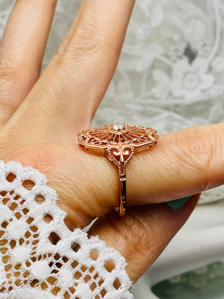 Diamond Ring, Vintage style, Rose gold over Sterling silver, Round Gem, Debut Ring, Victorian Jewelry, Delicate Filigree, Silver Embrace Jewelry, D588