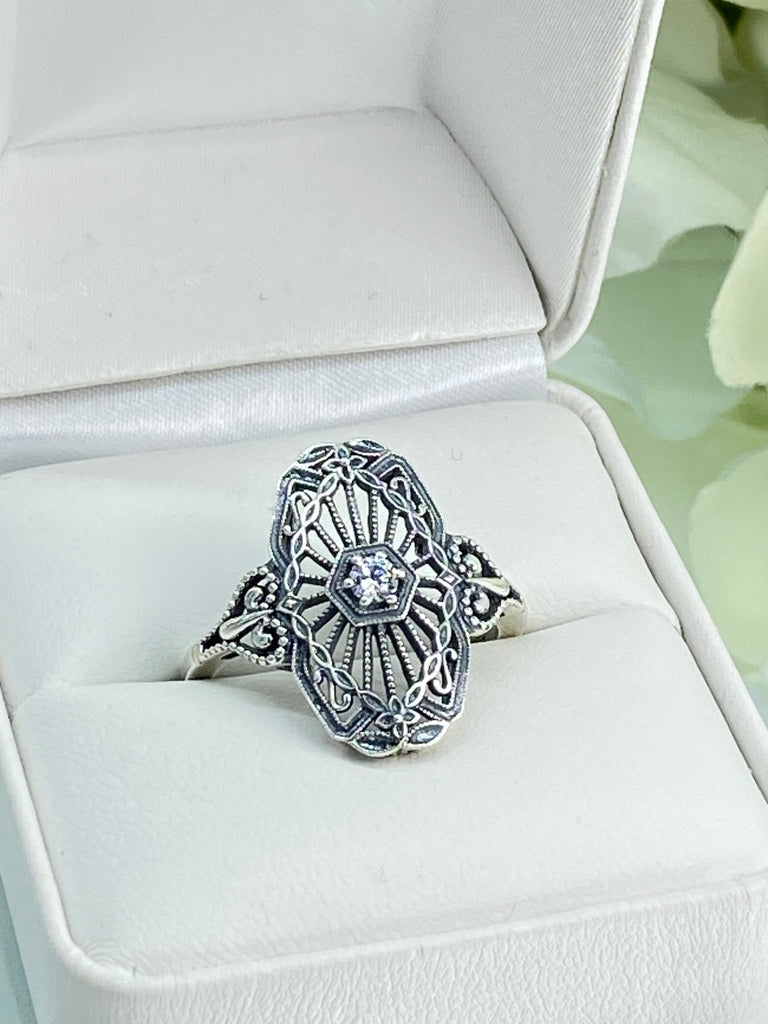 Vintage style diamond, moissanite or white CZ ring, round gem, Debut - Victorian Sterling Silver Filigree, D588, Silver Embrace Jewelry 