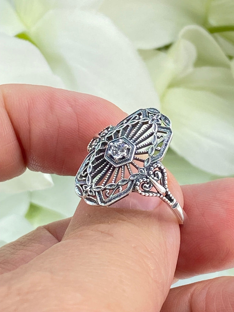 Vintage style diamond, moissanite or white CZ ring, round gem, Debut - Victorian Sterling Silver Filigree, D588, Silver Embrace Jewelry