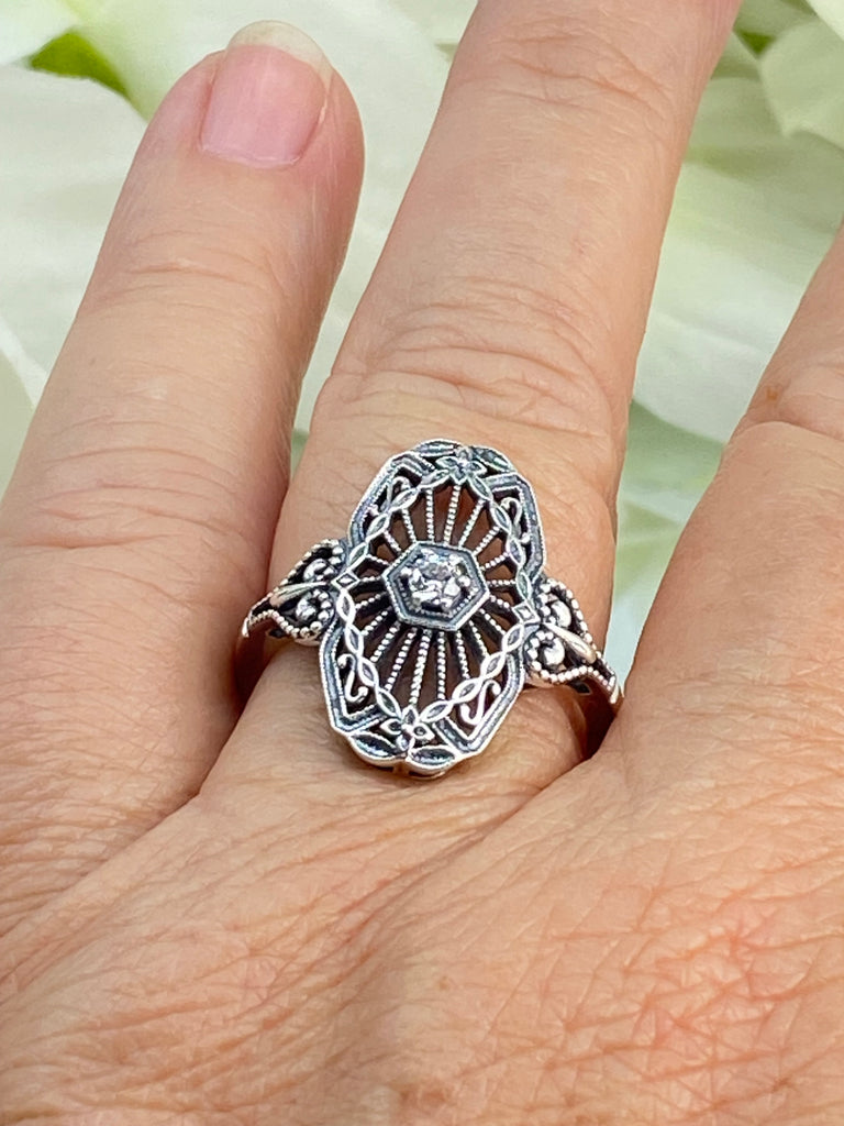 Vintage style diamond, moissanite or white CZ ring, round gem, Debut - Victorian Sterling Silver Filigree, D588, Silver Embrace Jewelry