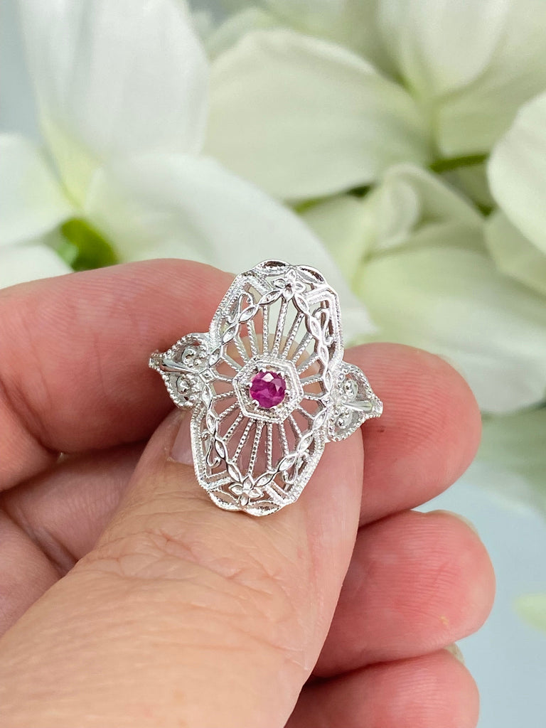 Vintage style natural ruby ring, red gem, ring, round gem, Debut - Victorian Sterling Silver Filigree, D588, Silver Embrace Jewelry