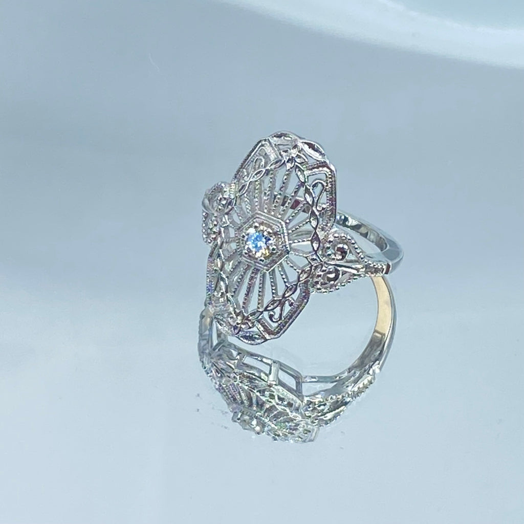 Vintage style lab moissanite ring, round gem, Debut - Victorian Sterling Silver Filigree, D588, Silver Embrace Jewelry 