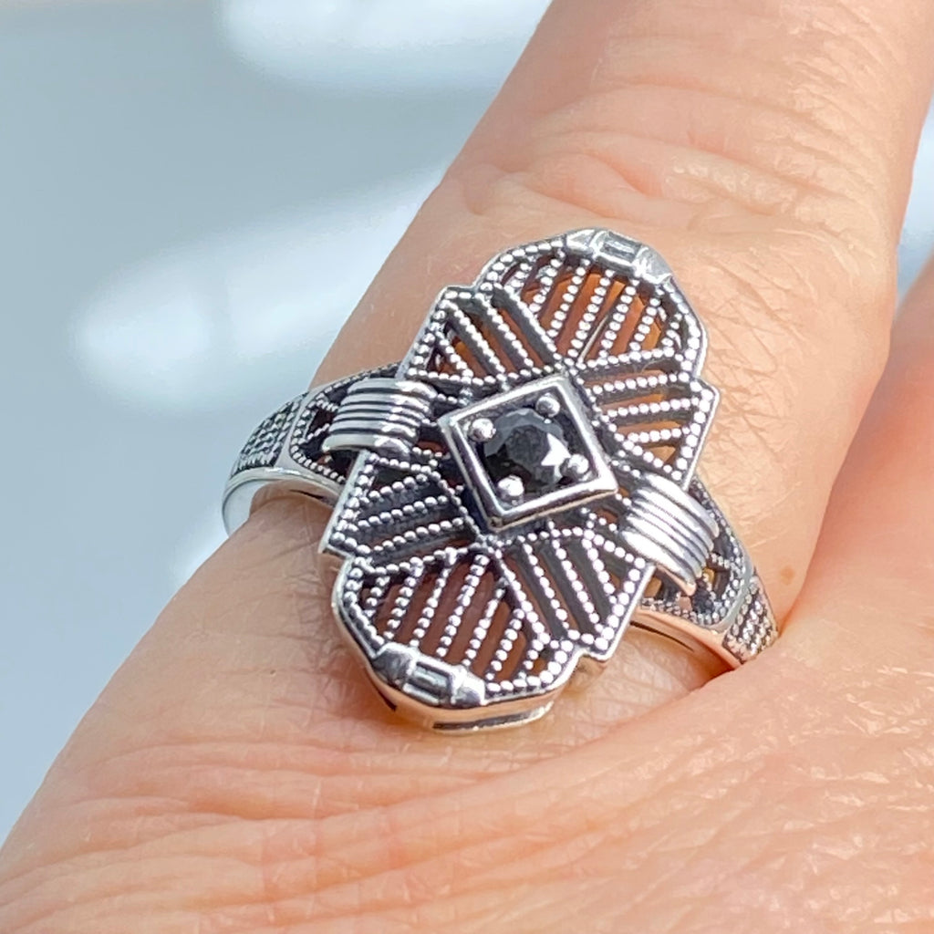 Vintage style  Black moissanite ring, round gem, Debut - Victorian Sterling Silver Filigree, D589, Silver Embrace Jewelry 