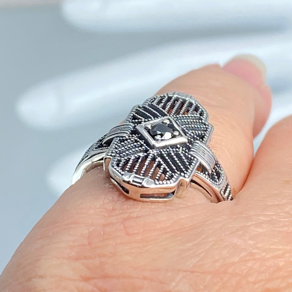 Vintage style  Black moissanite ring, round gem, Debut - Victorian Sterling Silver Filigree, D589, Silver Embrace Jewelry 