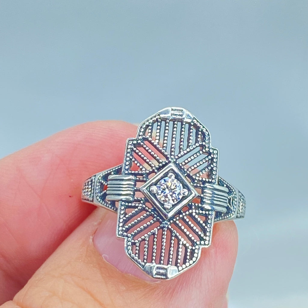 Art Deco Ring, Lab Moissanite Gemstone, or a Natural Diamond Ring, Art Deco Sterling silver Filigree, Silver Embrace Jewelry, D588, Tuxedo Ring
