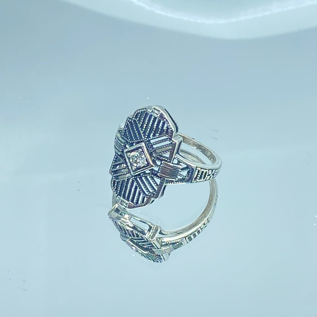 Art Deco Ring, Lab Moissanite Gemstone, or a Natural Diamond Ring, Art Deco Sterling silver Filigree, Silver Embrace Jewelry, D588, Tuxedo Ring