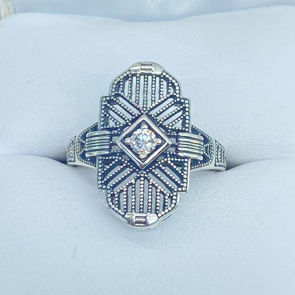 Art Deco Ring, Lab Moissanite Gemstone, or a Natural Diamond Ring, Art Deco Sterling silver Filigree, Silver Embrace Jewelry, D588, Tuxedo Ring