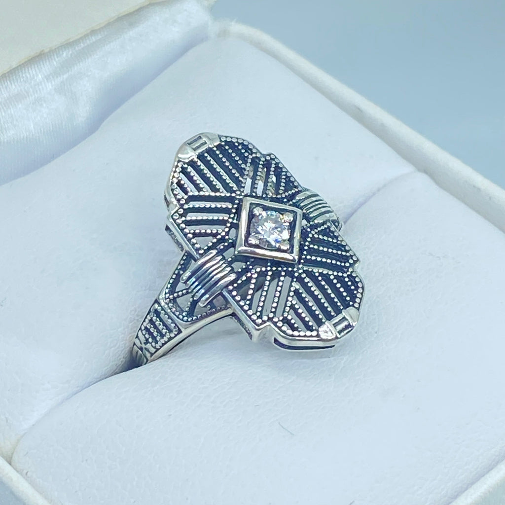 Art Deco Ring, Lab Moissanite Gemstone, or a Natural Diamond Ring, Art Deco Sterling silver Filigree, Silver Embrace Jewelry, D588, Tuxedo Ring