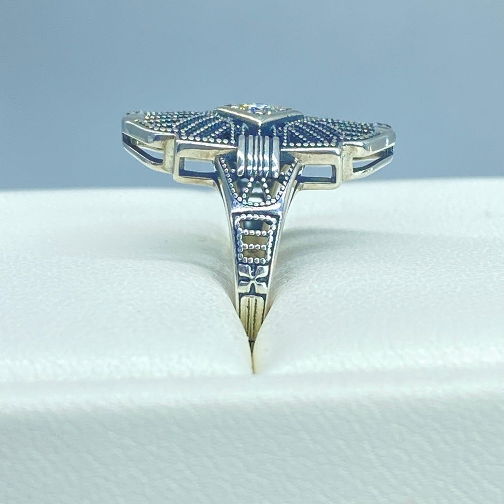 Art Deco Ring, Lab Moissanite Gemstone, or a Natural Diamond Ring, Art Deco Sterling silver Filigree, Silver Embrace Jewelry, D588, Tuxedo Ring