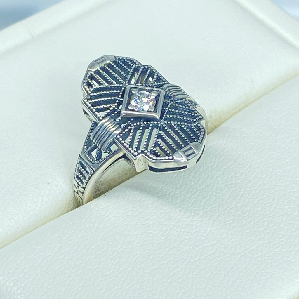 Art Deco Ring, Lab Moissanite Gemstone, or a Natural Diamond Ring, Art Deco Sterling silver Filigree, Silver Embrace Jewelry, D588, Tuxedo Ring