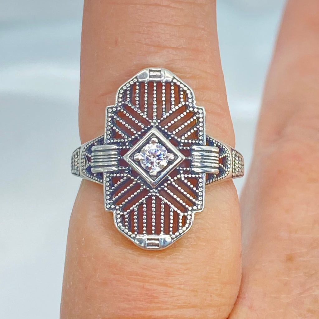 Art Deco Ring, Lab Moissanite Gemstone, or a Natural Diamond Ring, Art Deco Sterling silver Filigree, Silver Embrace Jewelry, D588, Tuxedo Ring