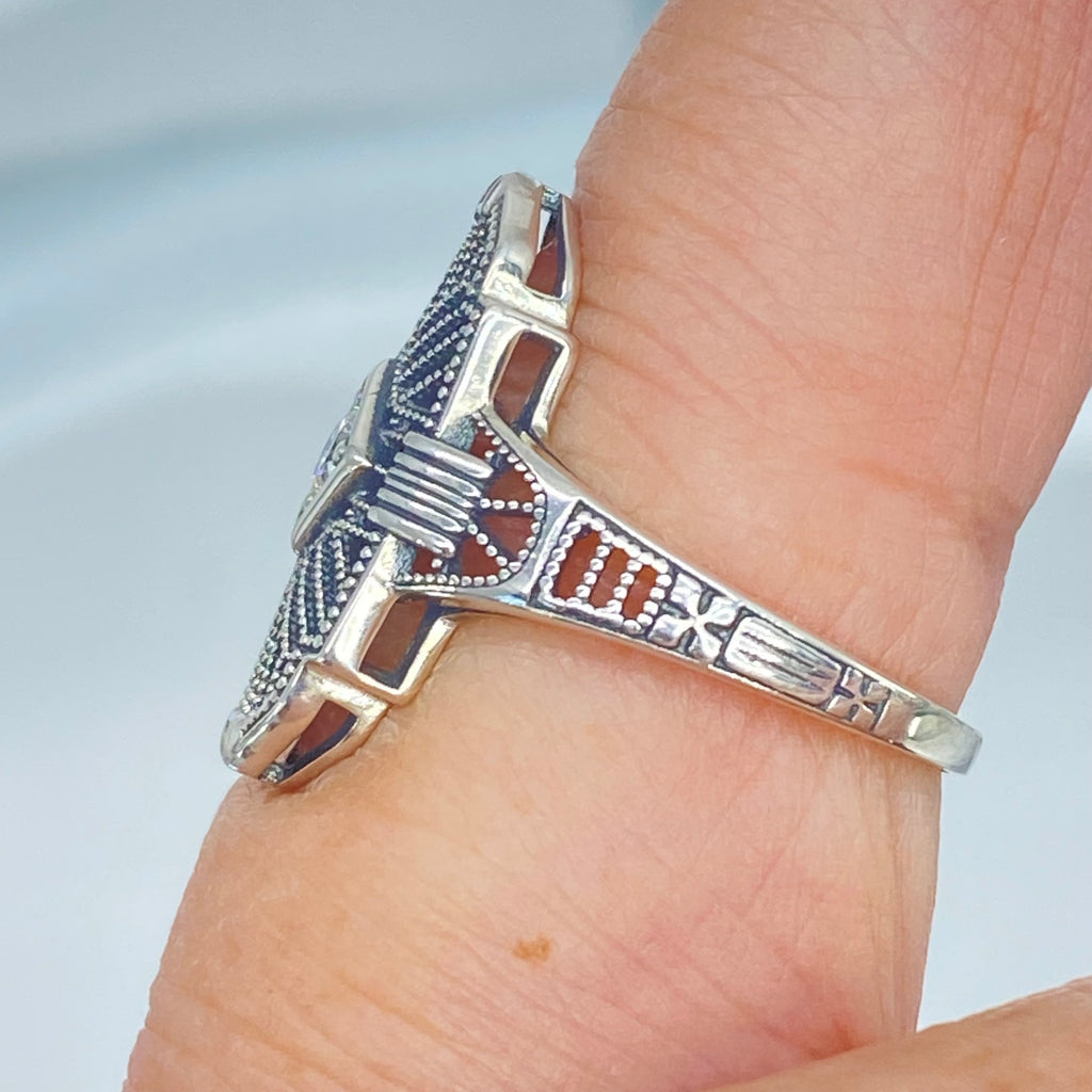 Art Deco Ring, Lab Moissanite Gemstone, or a Natural Diamond Ring, Art Deco Sterling silver Filigree, Silver Embrace Jewelry, D588, Tuxedo Ring