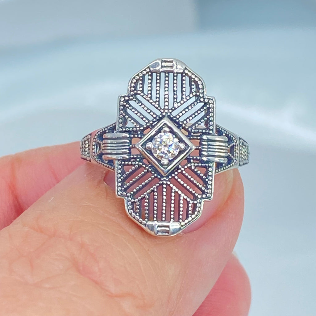 Art Deco Ring, Lab Moissanite Gemstone, or a Natural Diamond Ring, Art Deco Sterling silver Filigree, Silver Embrace Jewelry, D588, Tuxedo Ring