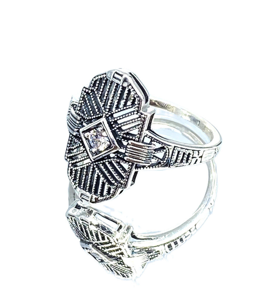 Art Deco Ring, White Cubic Zirconia Gemstone, or a Natural Diamond Ring, Art Deco Sterling silver Filigree, Silver Embrace Jewelry, D588, Tuxedo Ring