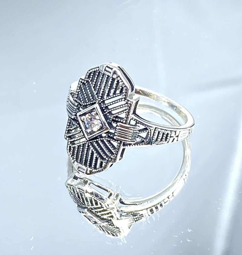 Art Deco Ring, White Cubic Zirconia Gemstone, or a Natural Diamond Ring, Art Deco Sterling silver Filigree, Silver Embrace Jewelry, D588, Tuxedo Ring