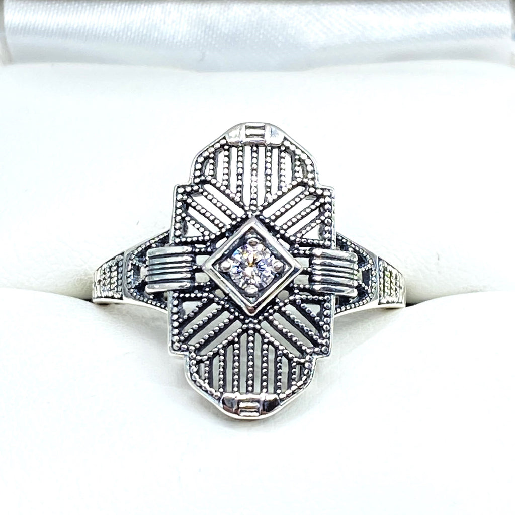Art Deco Ring, White Cubic Zirconia Gemstone, or a Natural Diamond Ring, Art Deco Sterling silver Filigree, Silver Embrace Jewelry, D588, Tuxedo Ring