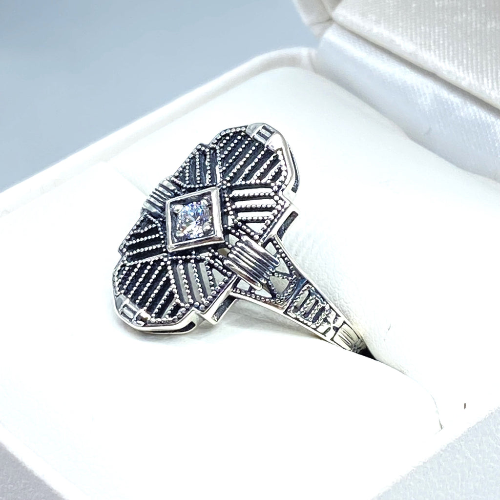 Art Deco Ring, White Cubic Zirconia Gemstone, or a Natural Diamond Ring, Art Deco Sterling silver Filigree, Silver Embrace Jewelry, D588, Tuxedo Ring