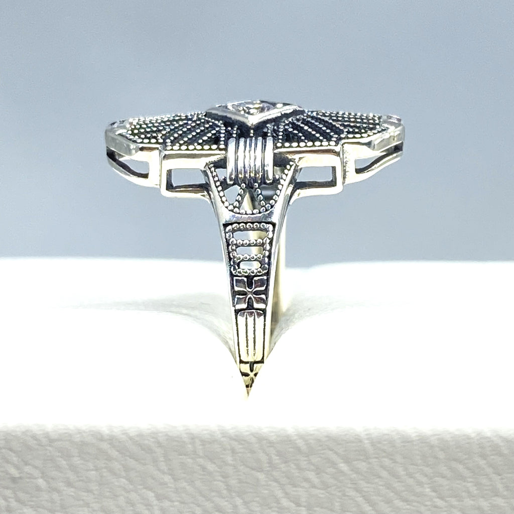 Art Deco Ring, White Cubic Zirconia Gemstone, or a Natural Diamond Ring, Art Deco Sterling silver Filigree, Silver Embrace Jewelry, D588, Tuxedo Ring