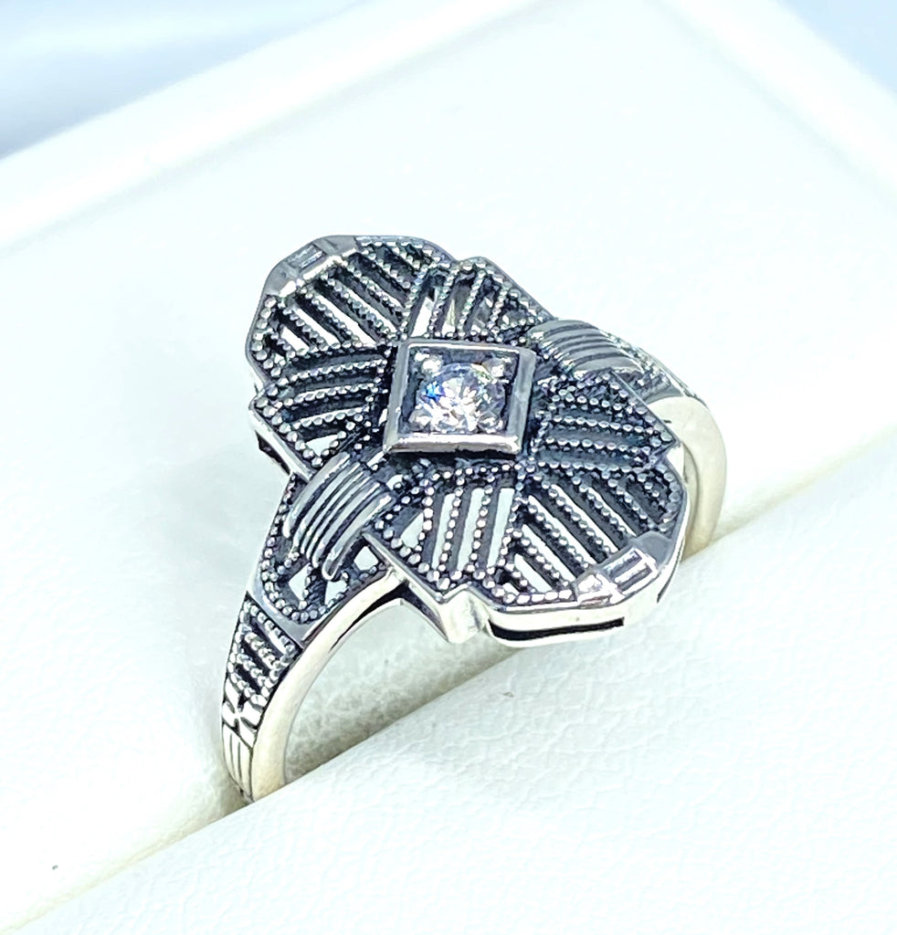 Art Deco Ring, White Cubic Zirconia Gemstone, or a Natural Diamond Ring, Art Deco Sterling silver Filigree, Silver Embrace Jewelry, D588, Tuxedo Ring