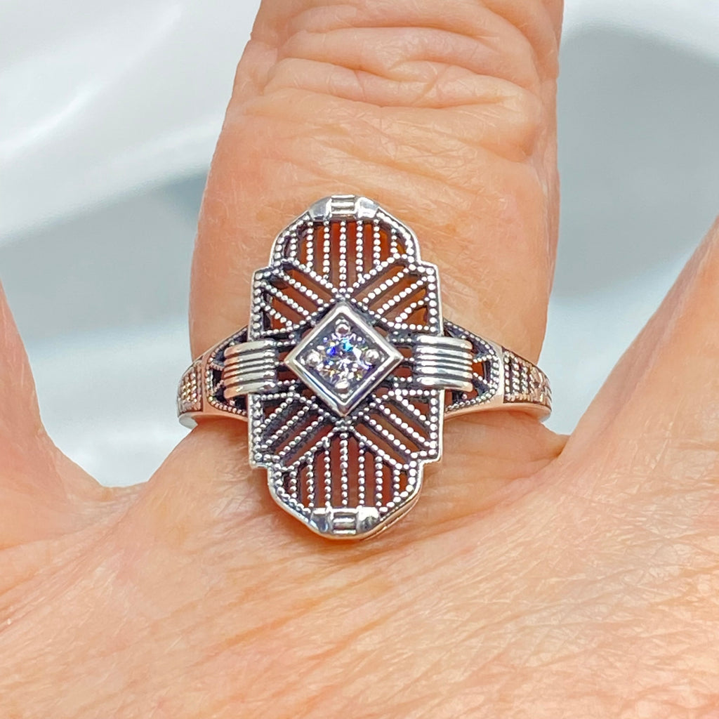 Art Deco Ring, White Cubic Zirconia Gemstone, or a Natural Diamond Ring, Art Deco Sterling silver Filigree, Silver Embrace Jewelry, D588, Tuxedo Ring