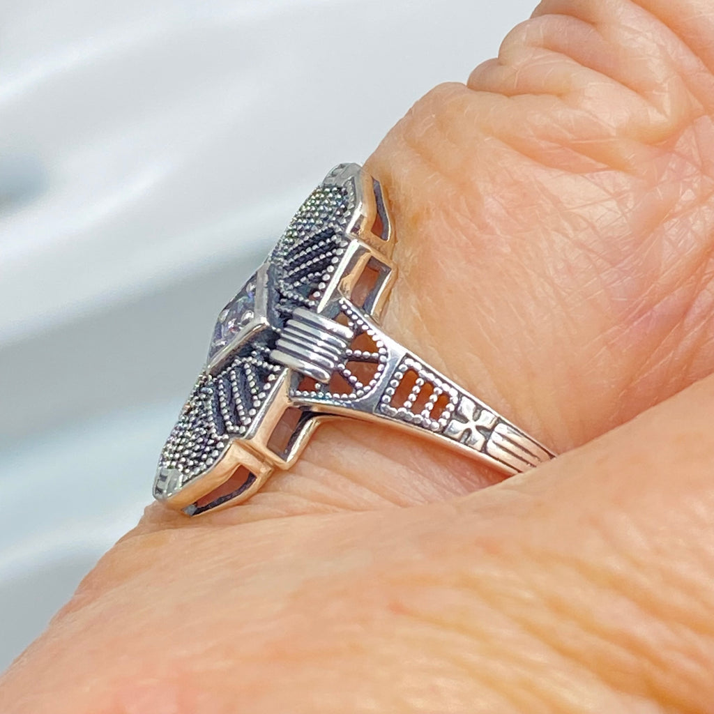 Art Deco Ring, White Cubic Zirconia Gemstone, or a Natural Diamond Ring, Art Deco Sterling silver Filigree, Silver Embrace Jewelry, D588, Tuxedo Ring