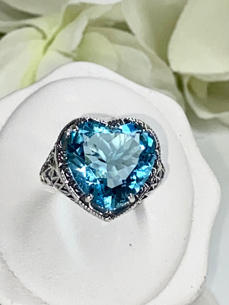 Heart Ring, Aquamarine Ring, Victorian Sterling silver Filigree, Victorian style, Silver Embrace Jewelry, D59-Heart