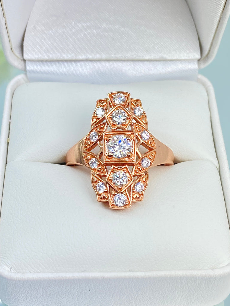 Sparkling Moissanite Ring, Rose Gold over sterling silver, flapper, Gatsby Art Deco Style, Silver Embrace Jewelry, D590