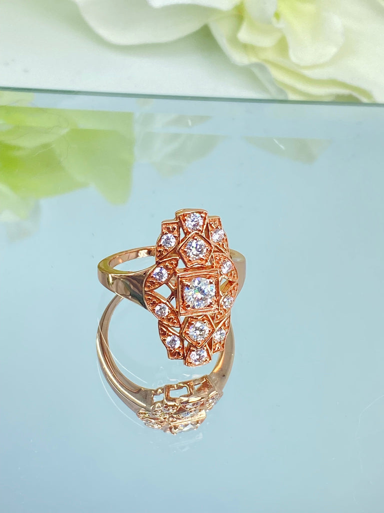 Sparkling Moissanite Ring, Rose Gold over sterling silver, flapper, Gatsby Art Deco Style, Silver Embrace Jewelry, D590