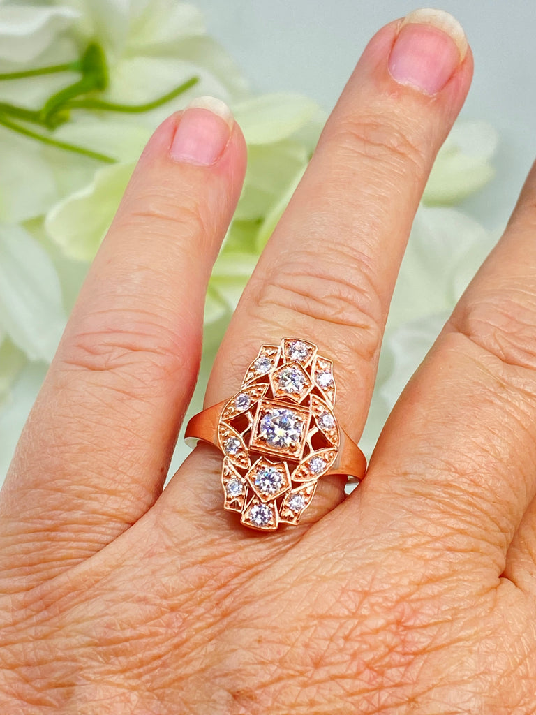 Sparkling Moissanite Ring, Rose Gold over sterling silver, flapper, Gatsby Art Deco Style, Silver Embrace Jewelry, D590