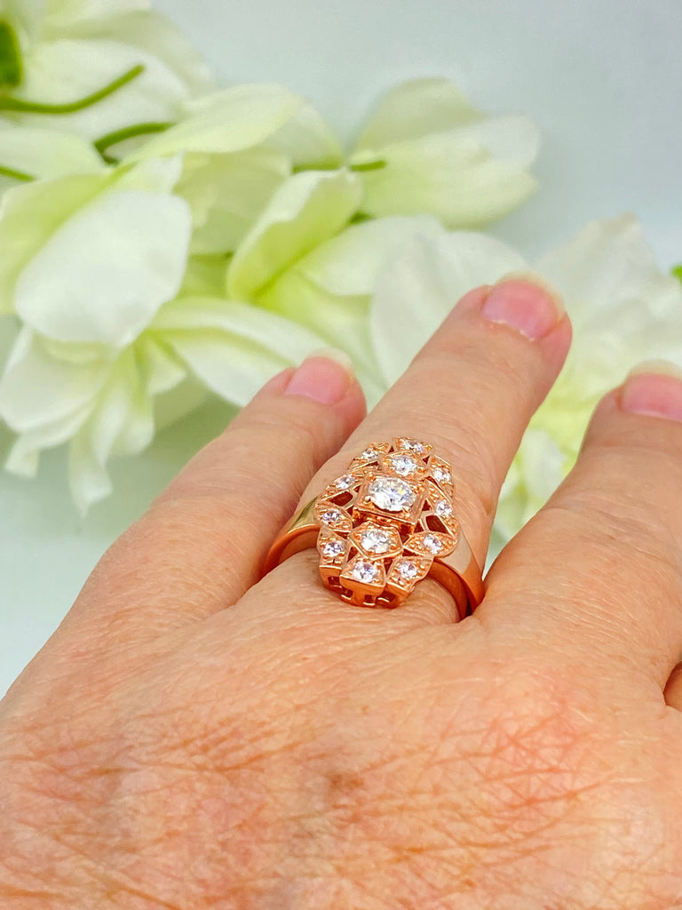 Sparkling Moissanite Ring, Rose Gold over sterling silver, flapper, Gatsby Art Deco Style, Silver Embrace Jewelry, D590