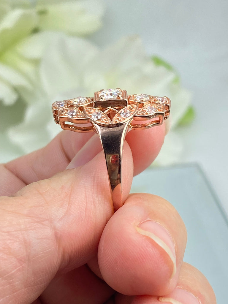 Sparkling Moissanite Ring, Rose Gold over sterling silver, flapper, Gatsby Art Deco Style, Silver Embrace Jewelry, D590