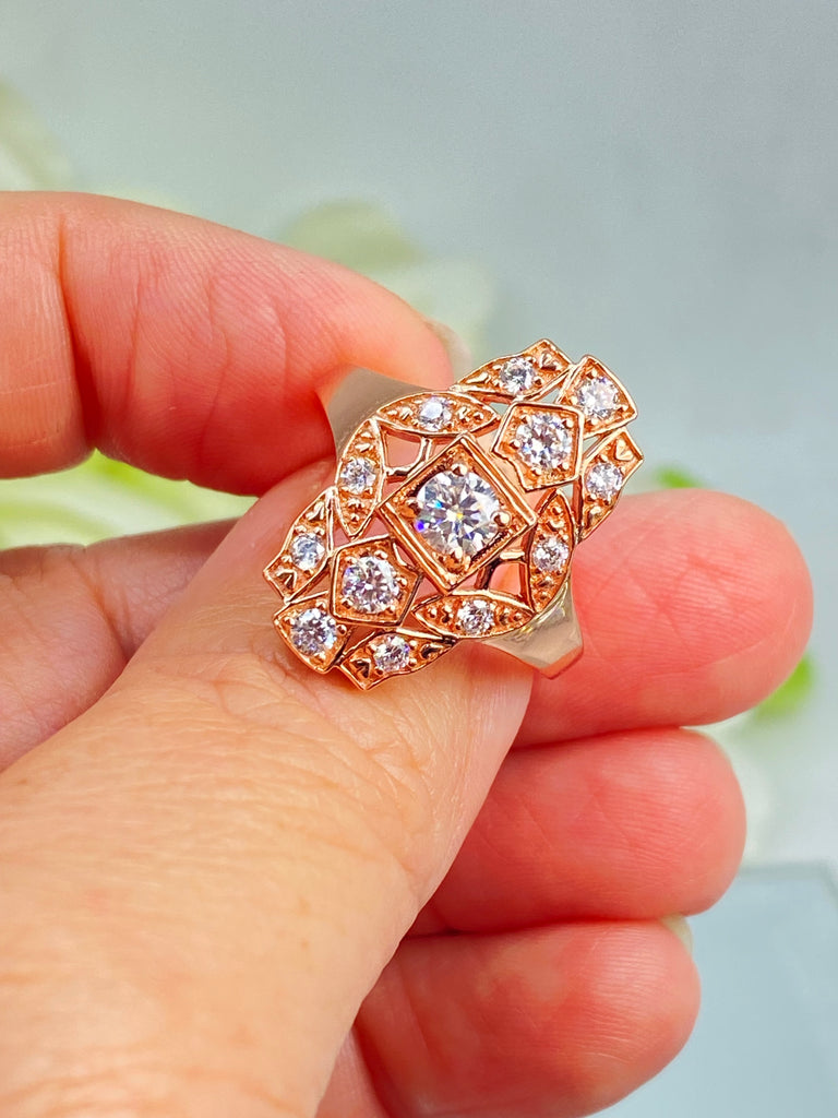 Sparkling Moissanite Ring, Rose Gold over sterling silver, flapper, Gatsby Art Deco Style, Silver Embrace Jewelry, D590