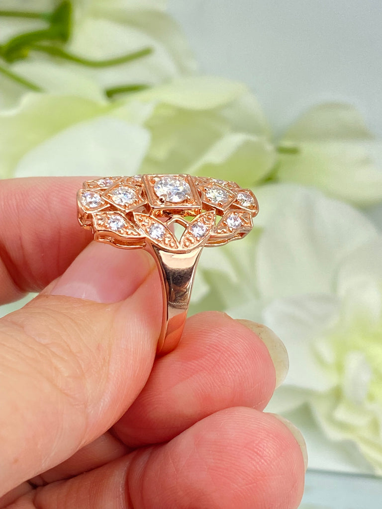 Sparkling Moissanite Ring, Rose Gold over sterling silver, flapper, Gatsby Art Deco Style, Silver Embrace Jewelry, D590