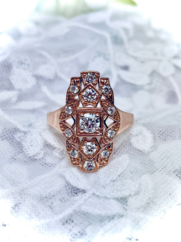 Lab Moissanite Ring, Rose Gold over sterling silver, flapper, Gatsby Art Deco Style, Silver Embrace Jewelry, D590