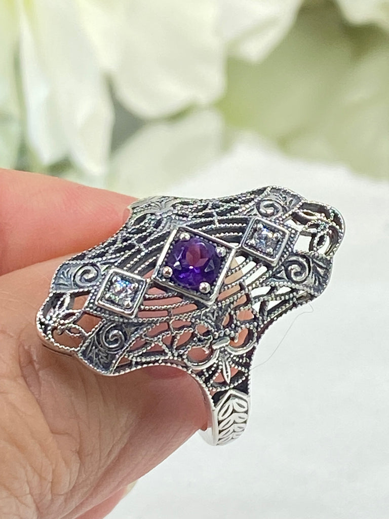 Natural Purple Amethyst Ring, White CZ accents, Sterling silver filigree, Bridgerton design, D593, Silver Embrace Jewelry